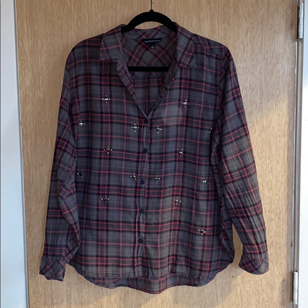 Rock & Republic Plaid Sheer Studded Blouse/Sz L
